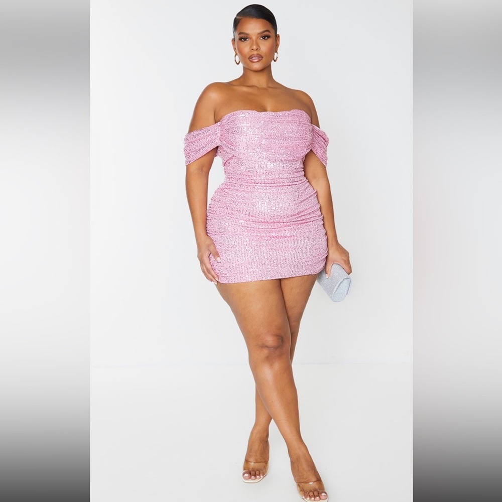 Pretty Little Thing Pink Plus Size Sequin Bardot off the shoulder Dress …